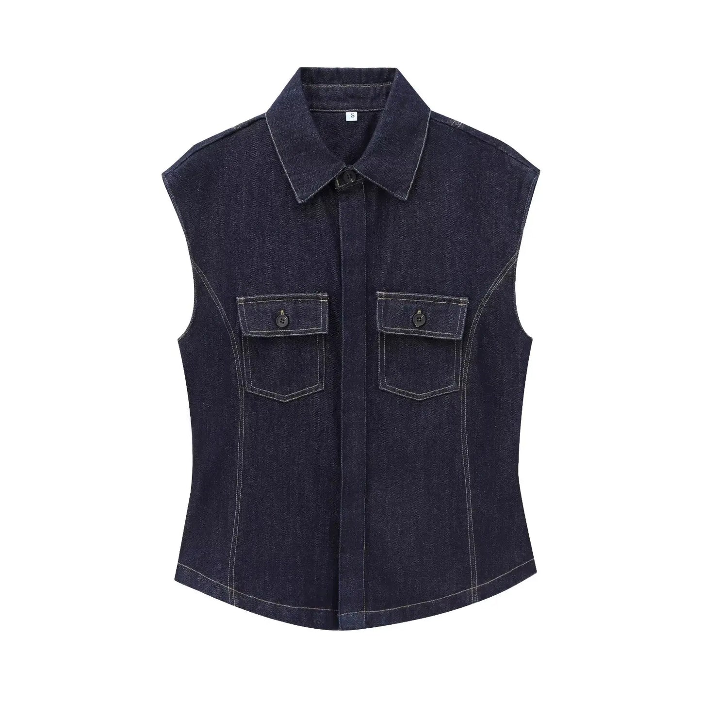 Women's new fashion flap pocket decoration casual slim Lapel denim vest Coat retro sleeveless button up women's vest chic top