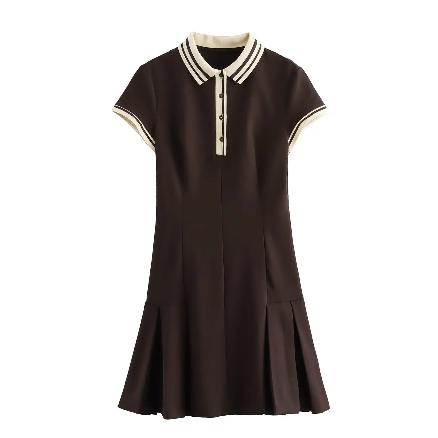 Women's 2024 New Fashion Color Contrast Splicing Ribbed Wide pleated Mini Dress Retro Short Sleeve Button up Women's Dress Mujer