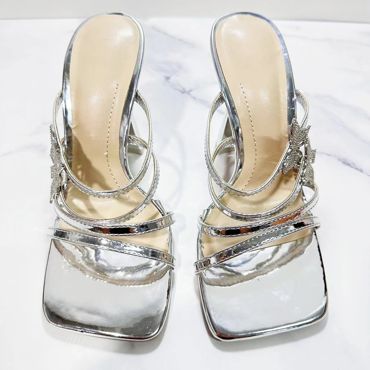 New 2024 Women's Shoes Fashion Temperament Joker Sandals Silver Metal Butterfly Stilettos.