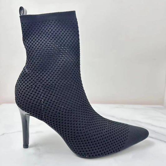 New 2024 Women's Shoes Pointy Joker Elegant Knitted Fabric Breathable Hollow Stiletto Short Women's Boots.