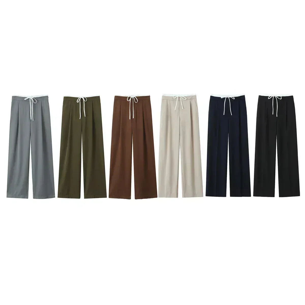 Women's new Fashion double-layer waist strap design casual versatile wide leg pants retro side pocket zipper women's pants