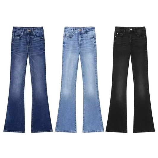 Women New Fashion Contrast striped Tight Casual flared Jeans Vintage High Waist Side Pockets Zipper Female Denim Pants