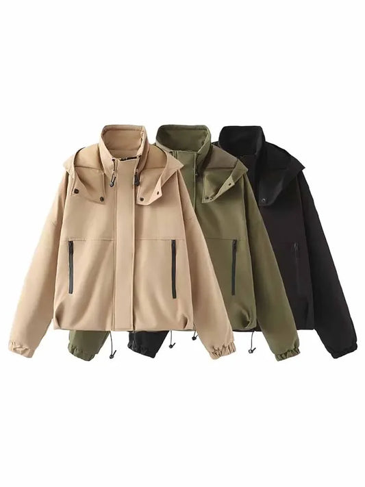 Women's new fashion loose short Single breasted hooded cotton jacket Coat retro long sleeved zipper pocket women's Coat chic top