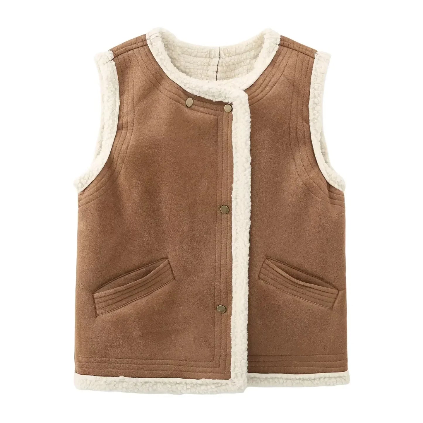 Women's new fashion pocket decoration casual O-Neck Faux Leather lambhair vest retro sleeveless button up women's vest chic top