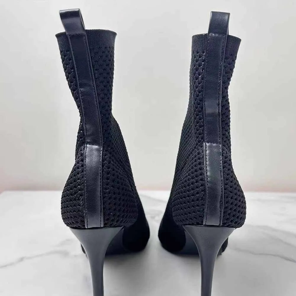 New 2024 Women's Shoes Pointy Joker Elegant Knitted Fabric Breathable Hollow Stiletto Short Women's Boots.