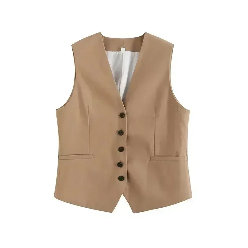 Women New Fashion Linen Cropped Customized Casual Vest Vintage V Neck Button-up Female Waistcoat Chic Tops + shorts Women's suit