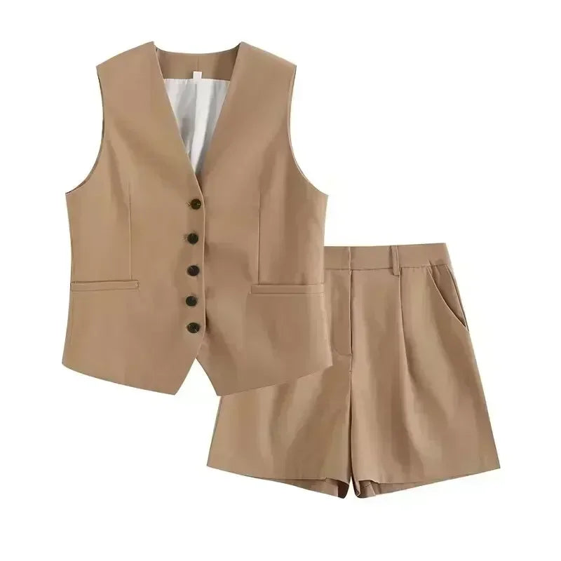 Women New Fashion Linen Cropped Customized Casual Vest Vintage V Neck Button-up Female Waistcoat Chic Tops + shorts Women's suit