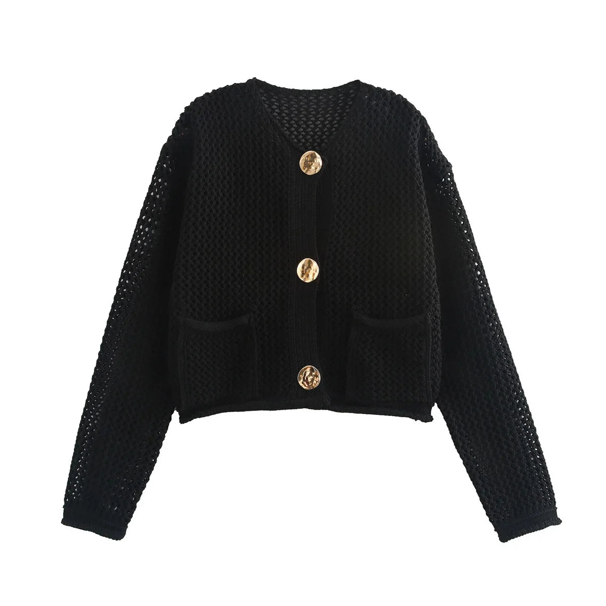 Women's new fashion pocket decoration casual single breasted short hollow knitted coat retro long sleeved women's coat chic top