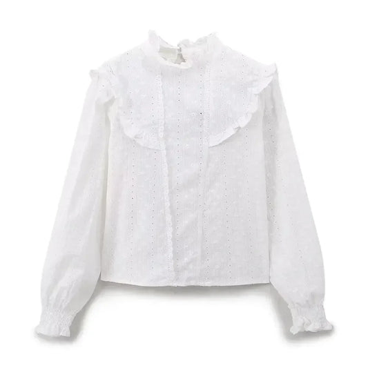 Women's new fashion hollow embroidery decoration casual short white stand collar shirt retro long sleeved women's shirt chic top