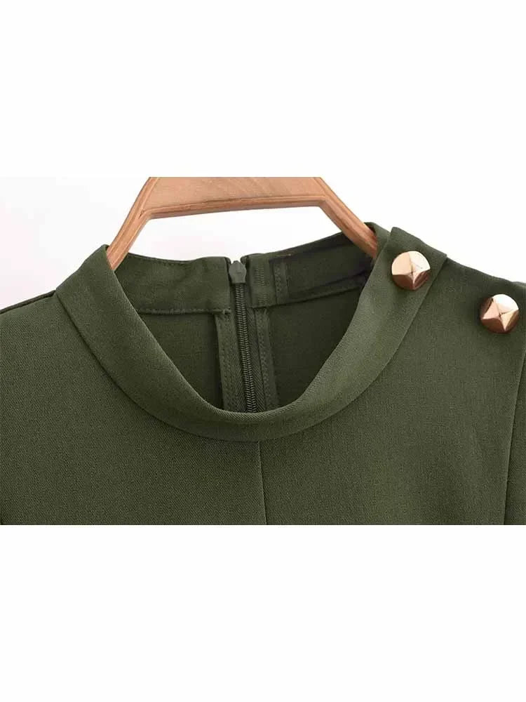 Women's new Chic Fashion shoulder gold buckle decoration slim pleated mini dress retro long sleeved back zipper women's dress