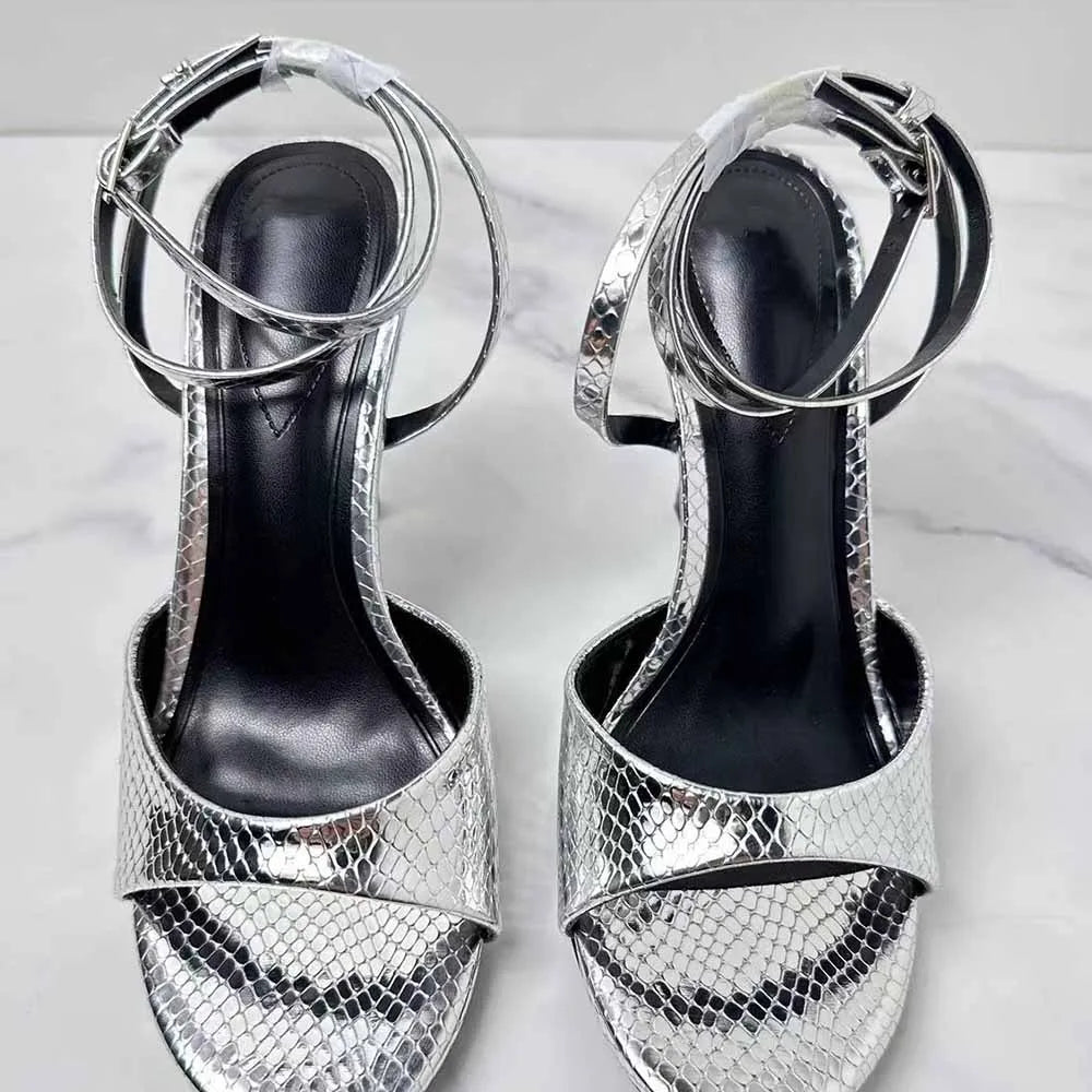 New 2024 Women's Shoes Fashion Temperament Silver Crack Ankle Strap Thin Round Head High-heeled Sandals Women.