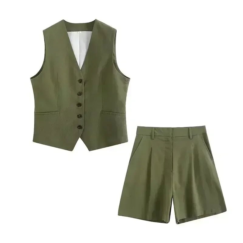 Women New Fashion Linen Cropped Customized Casual Vest Vintage V Neck Button-up Female Waistcoat Chic Tops + shorts Women's suit