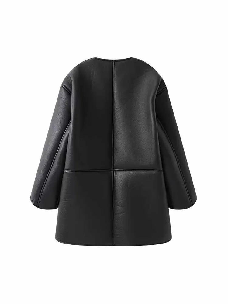 Women's new fashion loose side pocket long style Fur Faux Leather jacket coat retro O Neck long sleeved women's coat chic top