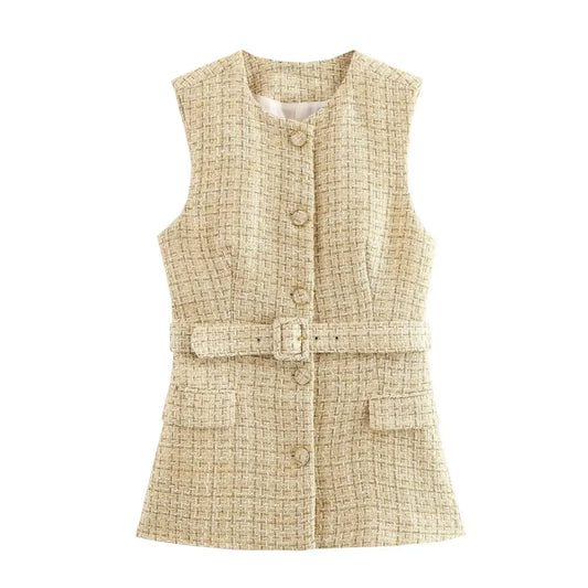 Women's new fashion with Belt casual flip decoration single breasted texture vest retro O Neck sleeveless women's vest chic top