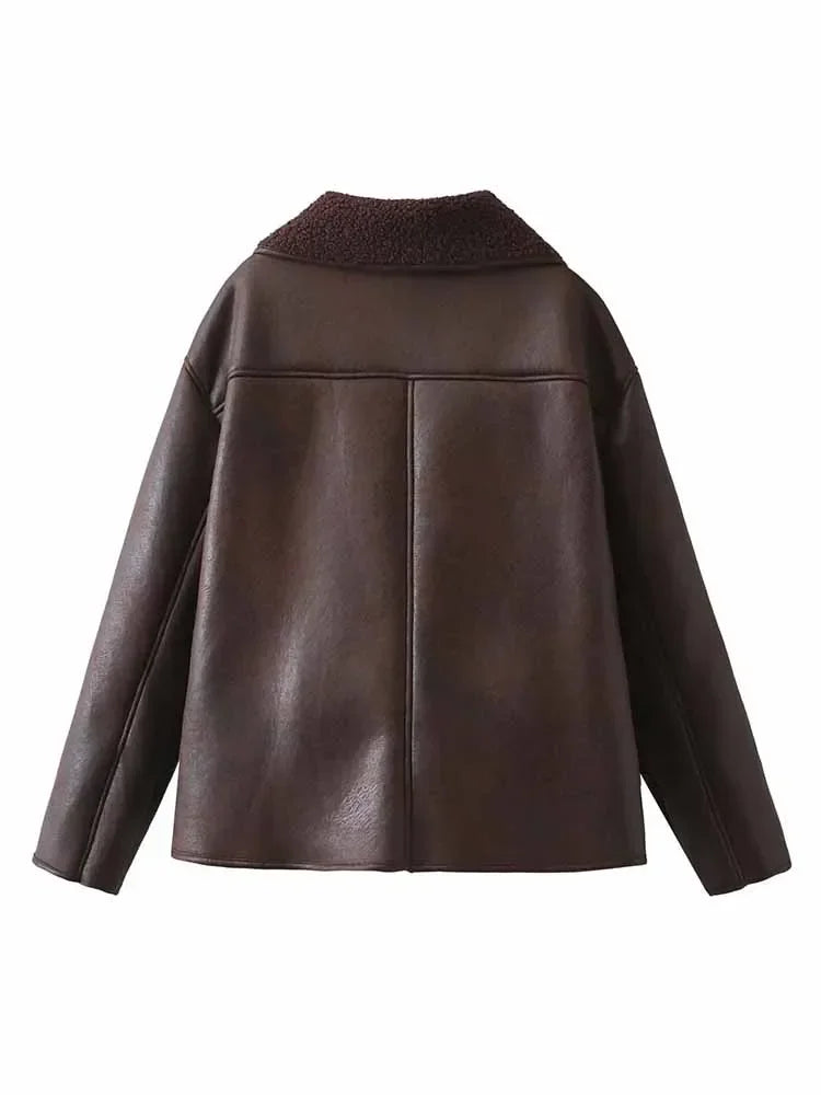 Women's new Fashion loose single breasted double-sided Fur Faux Leather jacket coat retro long sleeved women's coat chic top