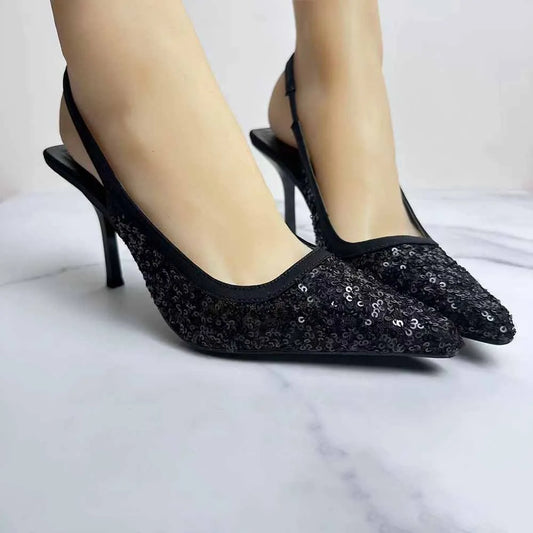 New 2024 Women's Shoes Fashion Temperament Black Beaded Dew With High Heels Pointed Fashion Joker Sandals.