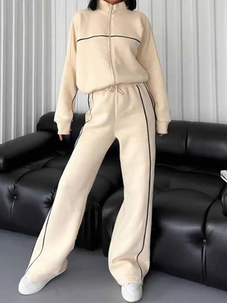 Suit Women's New Leisure Suit Long Sleeve Semi-high Neck Cardigan Sweater Lace-up Striped Trousers 