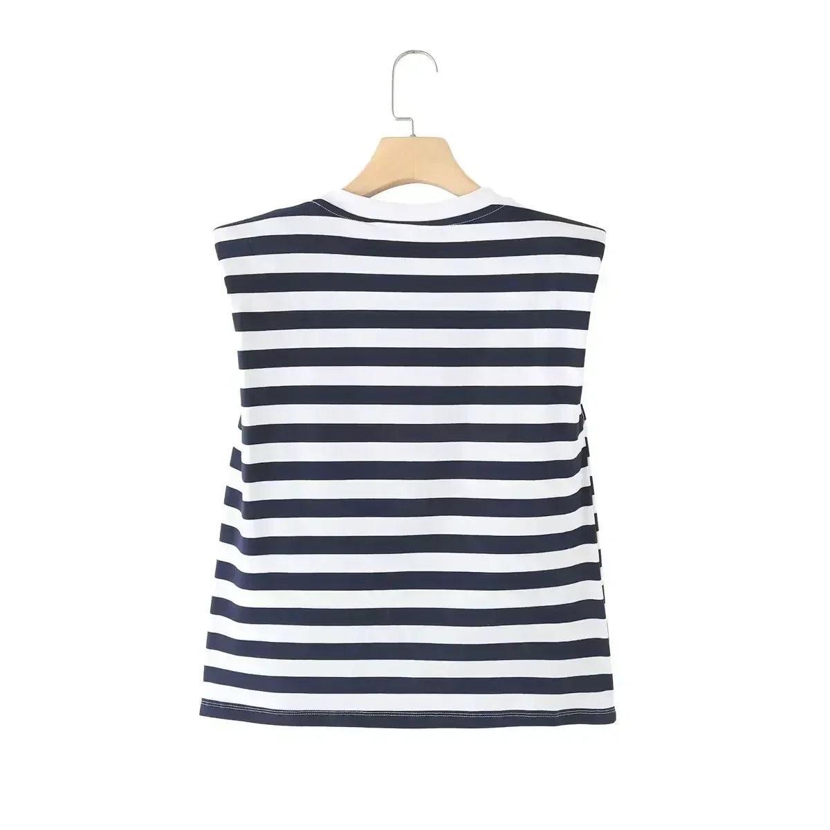 Women's New Fashion Shoulder Cushion Design Loose O Neck Casual Stripe T-shirt Top Retro Sleeveless Women's T-shirt