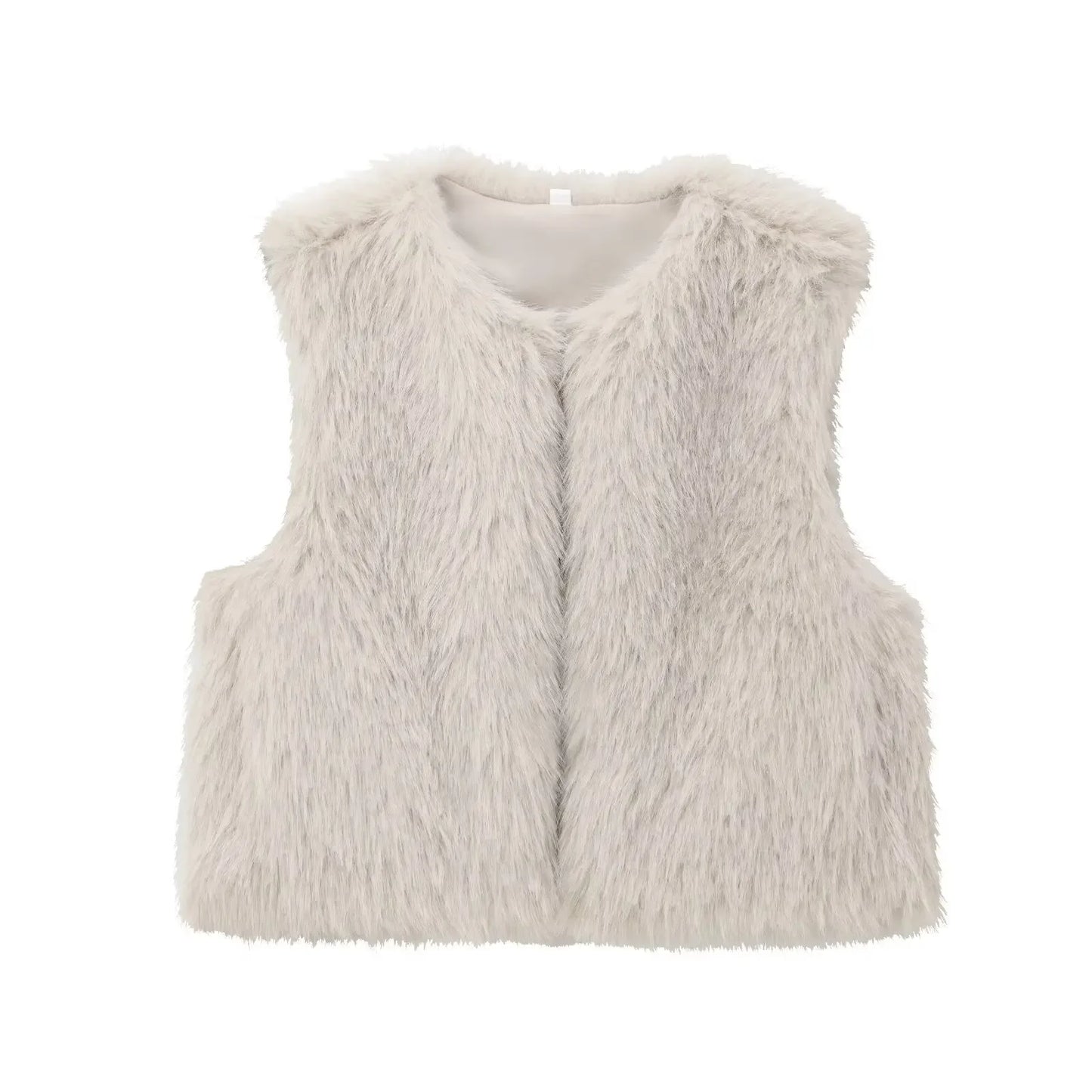 Women's new fashion faux fur effect casual short O-Neck open fleece vest retro sleeveless side pocket women's vest chic top