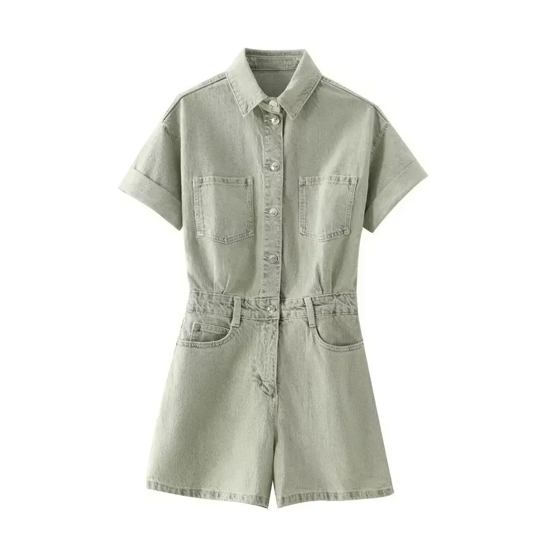 Women's New Fashion Multi Pocket Decoration Casual Denim jumpsuit Retro Short sleeved Button up Women's Short jumpsuit