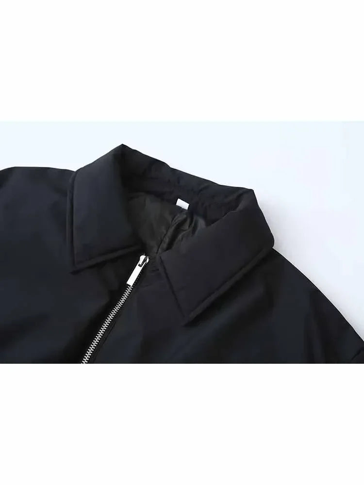 Women's Winter New Fashion Black Casual Short Lapel Cotton jacket Coat Retro Long Sleeve Zipper Women's Coat Chic Top