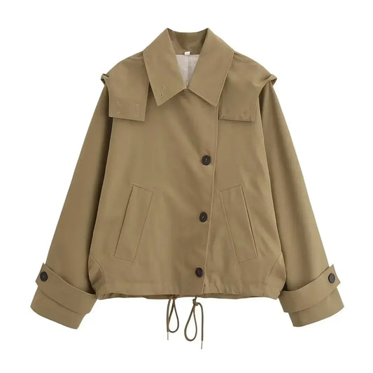 Women's new fashion with drawstring loose single breasted hooded trench coat retro long sleeved button up women's coat top