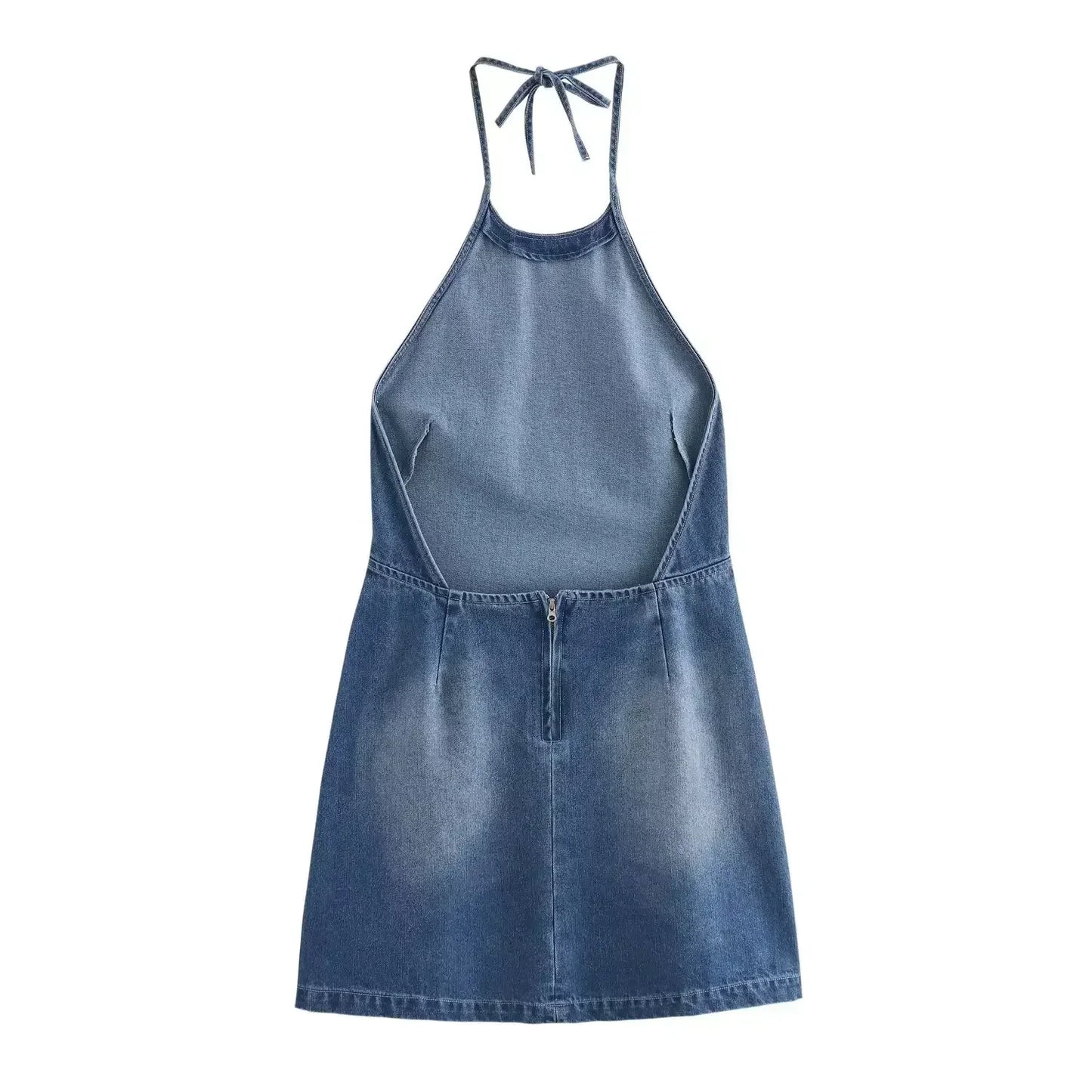 Women's summer new fashion slim denim mini dress sleeveless hanging neck dress retro backless zipper women's dress Mujer