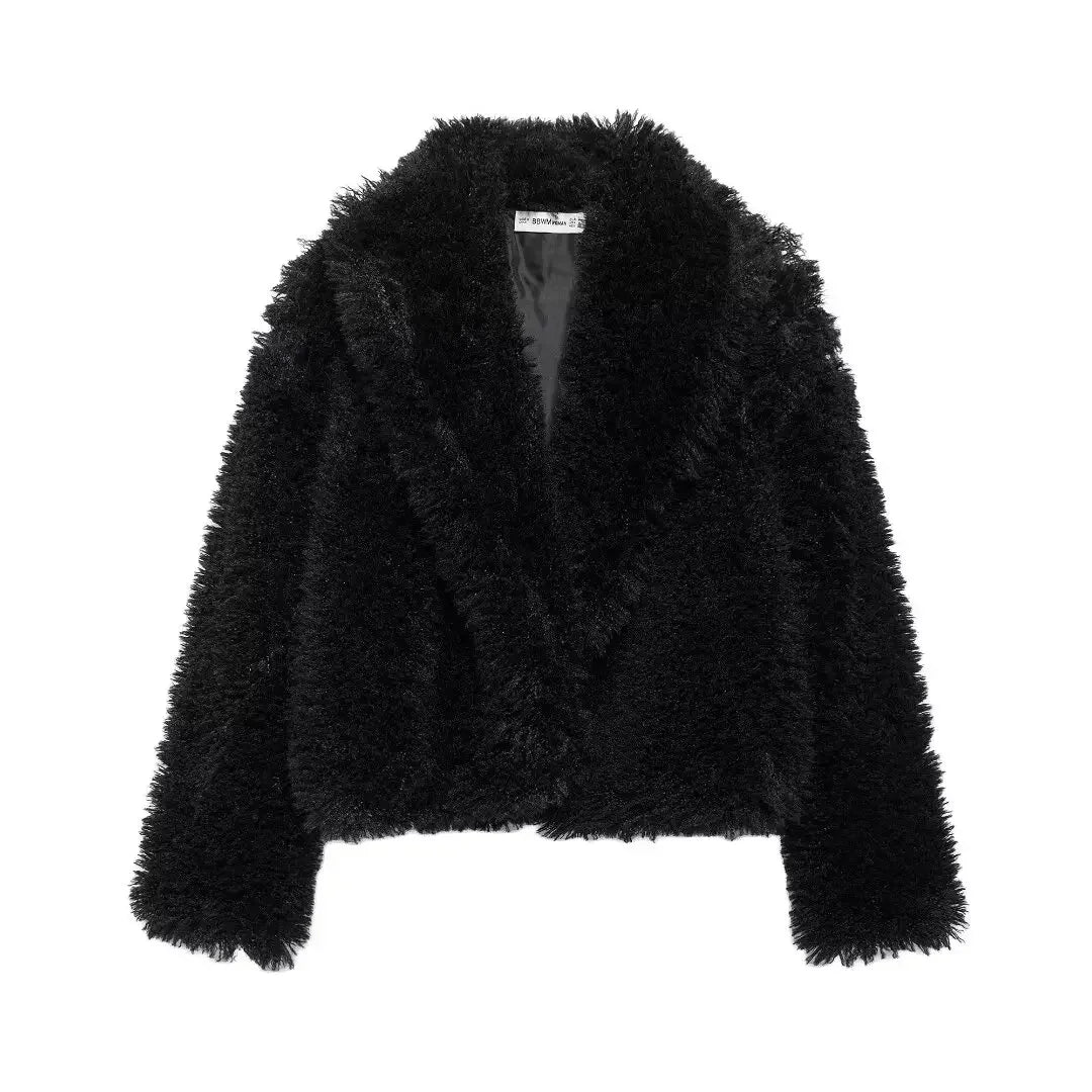 Women's Winter New Fashion Artificial Fur Effect Short Thick Warm Lapel Fleece Coat Retro Long Sleeve Women's Coat Chic Top