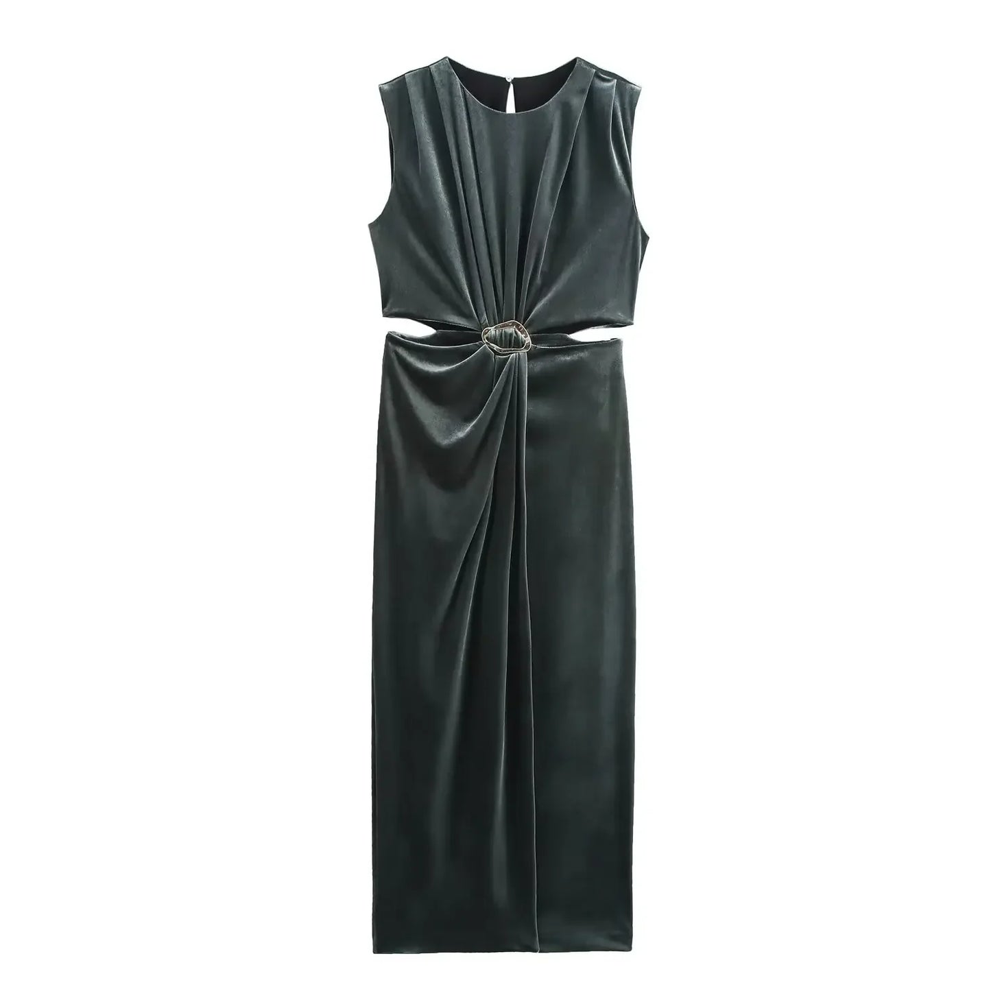 Women's new fashion metal buckle decoration slim pleated velvet Midi dress retro O-Neck sleeveless women's dress Mujer