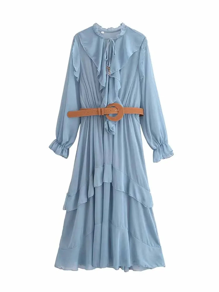 Women's new chic Fashion With belt ruffle edge Lace up decoration casual pleated MIDI dress retro long sleeved women's dress 