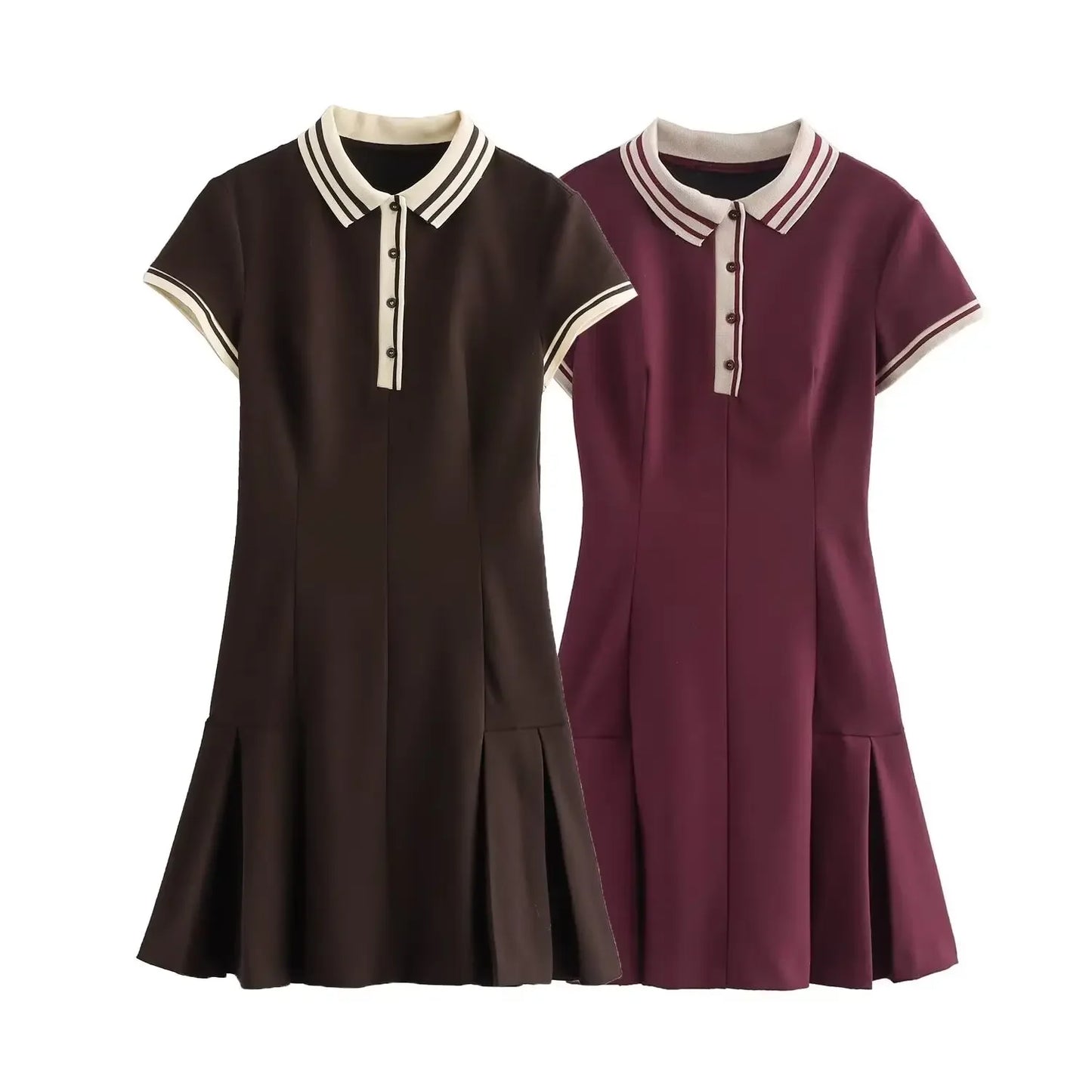 Women's new fashion wide pleated hem slim contrasting ribbed mini dress retro short sleeved button up women's dress Mujer