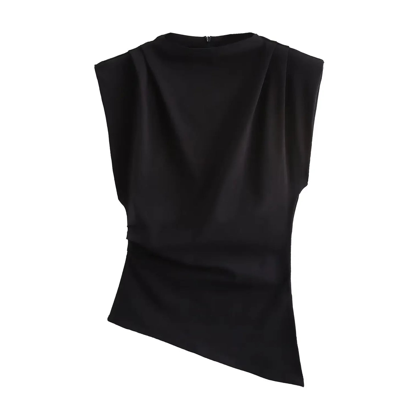 Women's new fashion pleated shoulder pad decoration slim asymmetrical top retro sleeveless back zipper women's shirt chic top