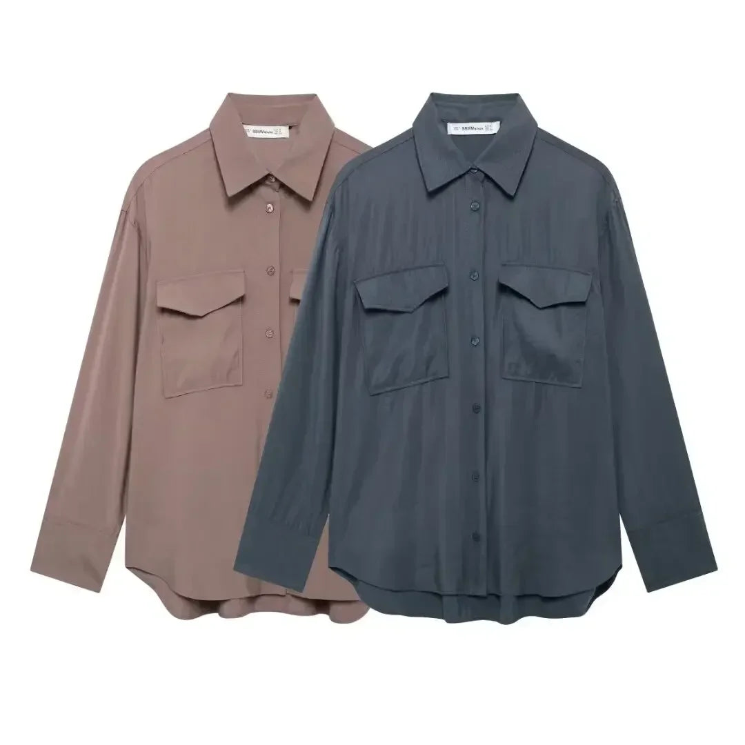 Women's new fashion flip pocket decoration loose Lapel asymmetrical shirt retro long sleeved button up women's shirt chic top