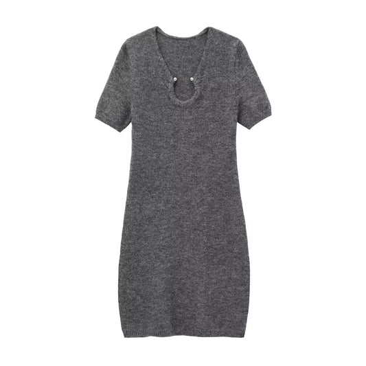 Women's New Fashion Open Design Metal Decoration Elastic Slim Knitted Mini Dress Retro Short Sleeve Women's Dress