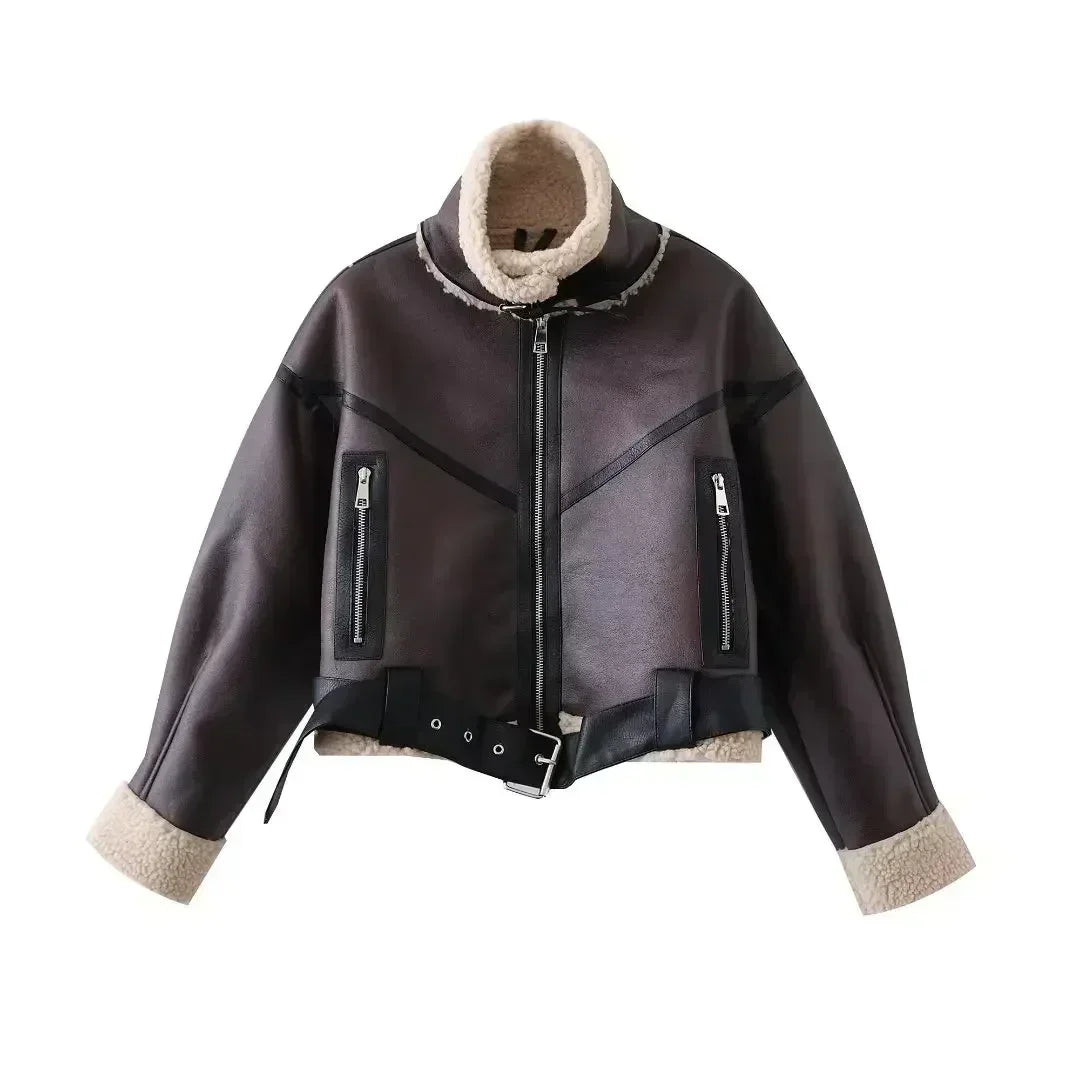 Women New Fashion With belt Cropped Fur Faux Leather Locomotive style Jacket Coat Vintage Long Sleeve Female Outerwear Chic Tops