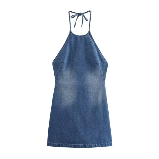 Women's summer new fashion slim denim mini dress sleeveless hanging neck dress retro backless zipper women's dress Mujer