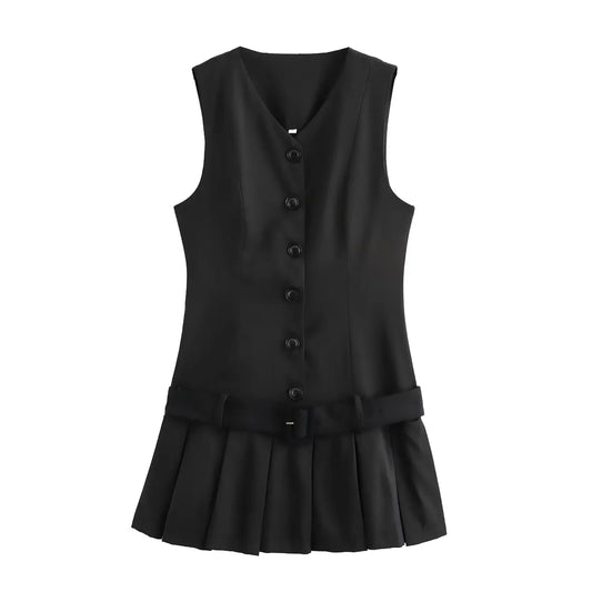 Women's new fashion belt decoration black single breasted slim wide pleated mini dress retro V Neck sleeveless women's dress