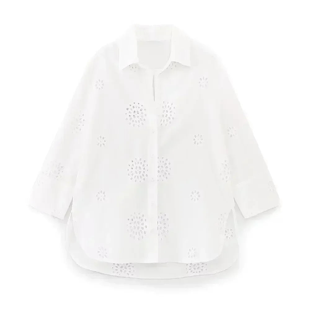 Women's New Fashion Hollow Embroidery Decoration Loose Asymmetric Shirt Retro Long Sleeve Button Women's Shirt Unique Top 