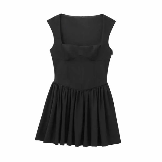 Women's new fashion wide pleated hem design black slim square neck mini dress retro sleeveless backless women's dress Mujer