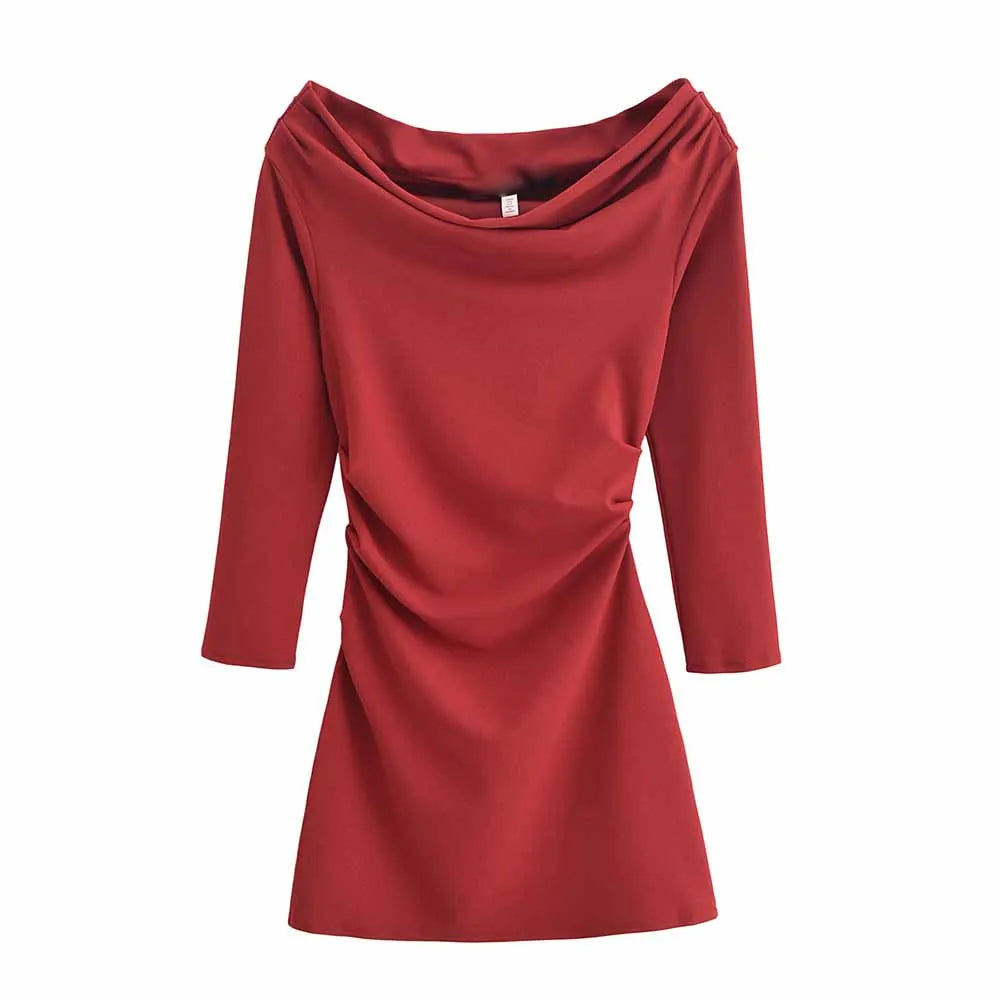 Women's new Fashion pleated decoration sexy slim off shoulder mini dress retro long sleeved women's dress Mujer