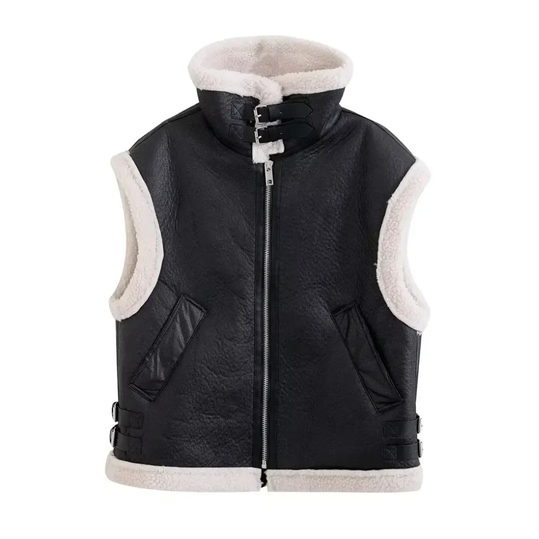 Women's new fashion side pocket decoration casual stand Neck Fur Faux Leather vest retro sleeveless zipper women's vest chic top