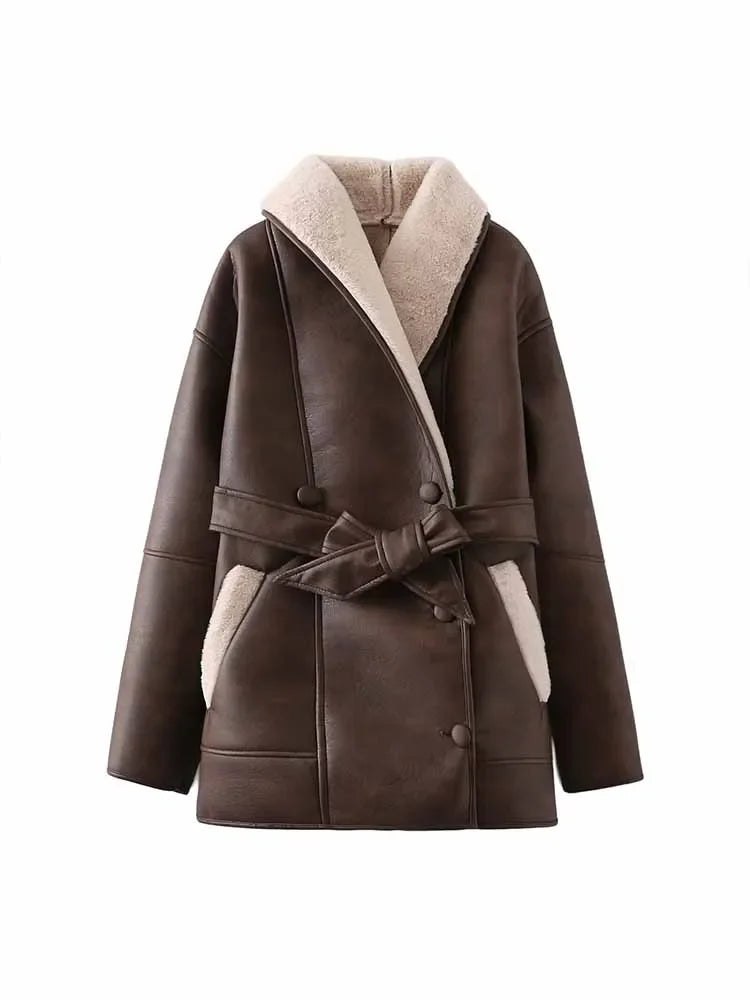 Women's new Fashion belt decoration casual double breasted warm Fur Faux Leather jacket retro long sleeved women's Coat Chic top