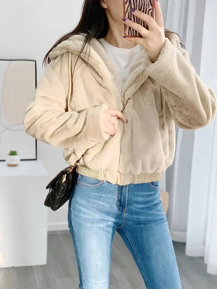 Women 2022 New Fashion Artificial Fur Hooded Jacket Coat Vintage Long Sleeve Zipper Female Outerwear Chic Overshirt