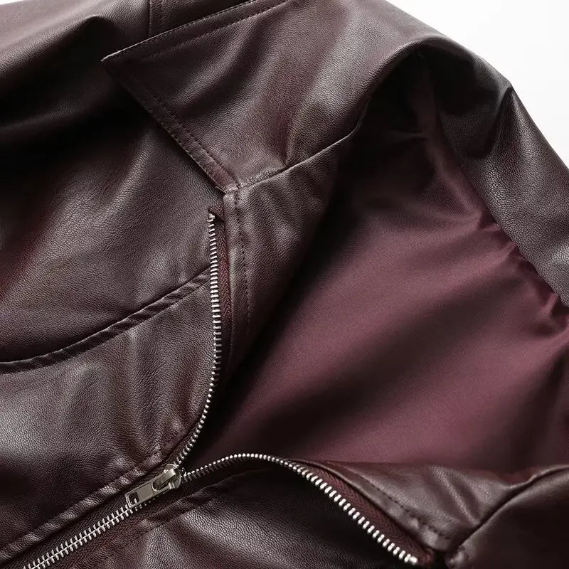 Women's new fashion side pocket decoration casual lapel Faux Leather jacket coat retro long sleeved zipper women's coat chic top