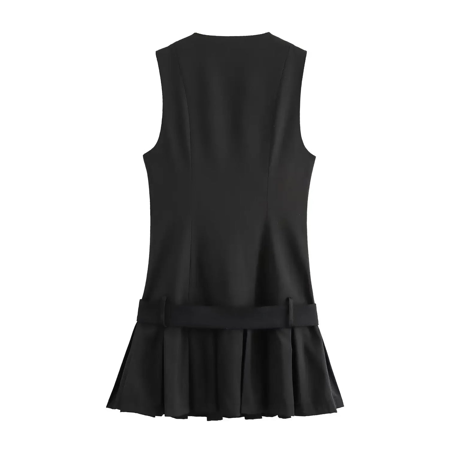 Women's new fashion belt decoration black single breasted slim wide pleated mini dress retro V Neck sleeveless women's dress