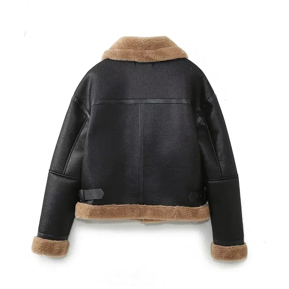 Women's winter new fashion side pocket black short double-sided Fur Faux Leather jacket retro long sleeved women's Coat chic top