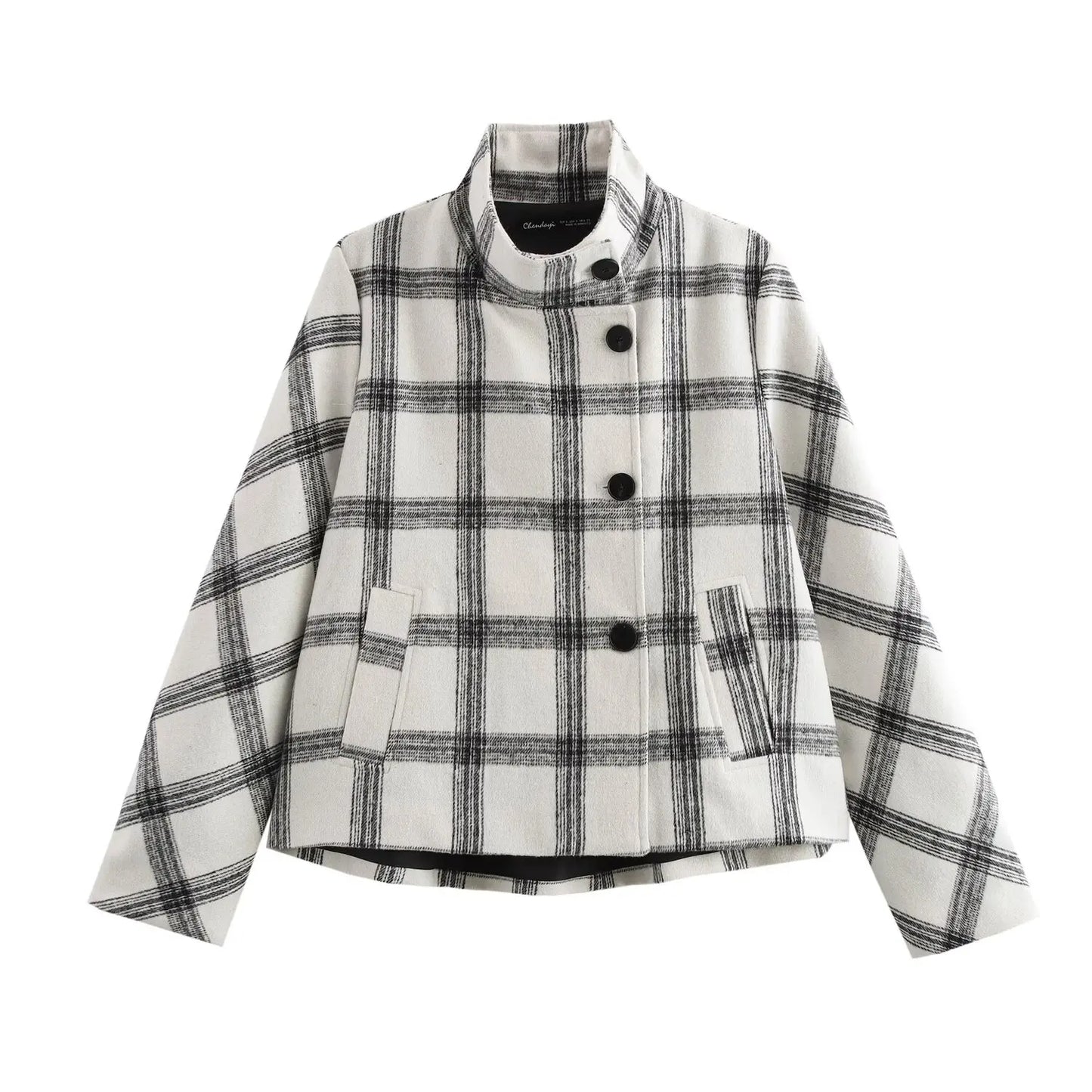 Women's winter fashion casual single breasted warm stand Neck plaid jacket coat retro long sleeved pocket women's coat chic top