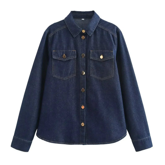 Women's new fashion flip pocket decoration casual soft texture denim shirt retro long sleeved button up women's shirt chic top