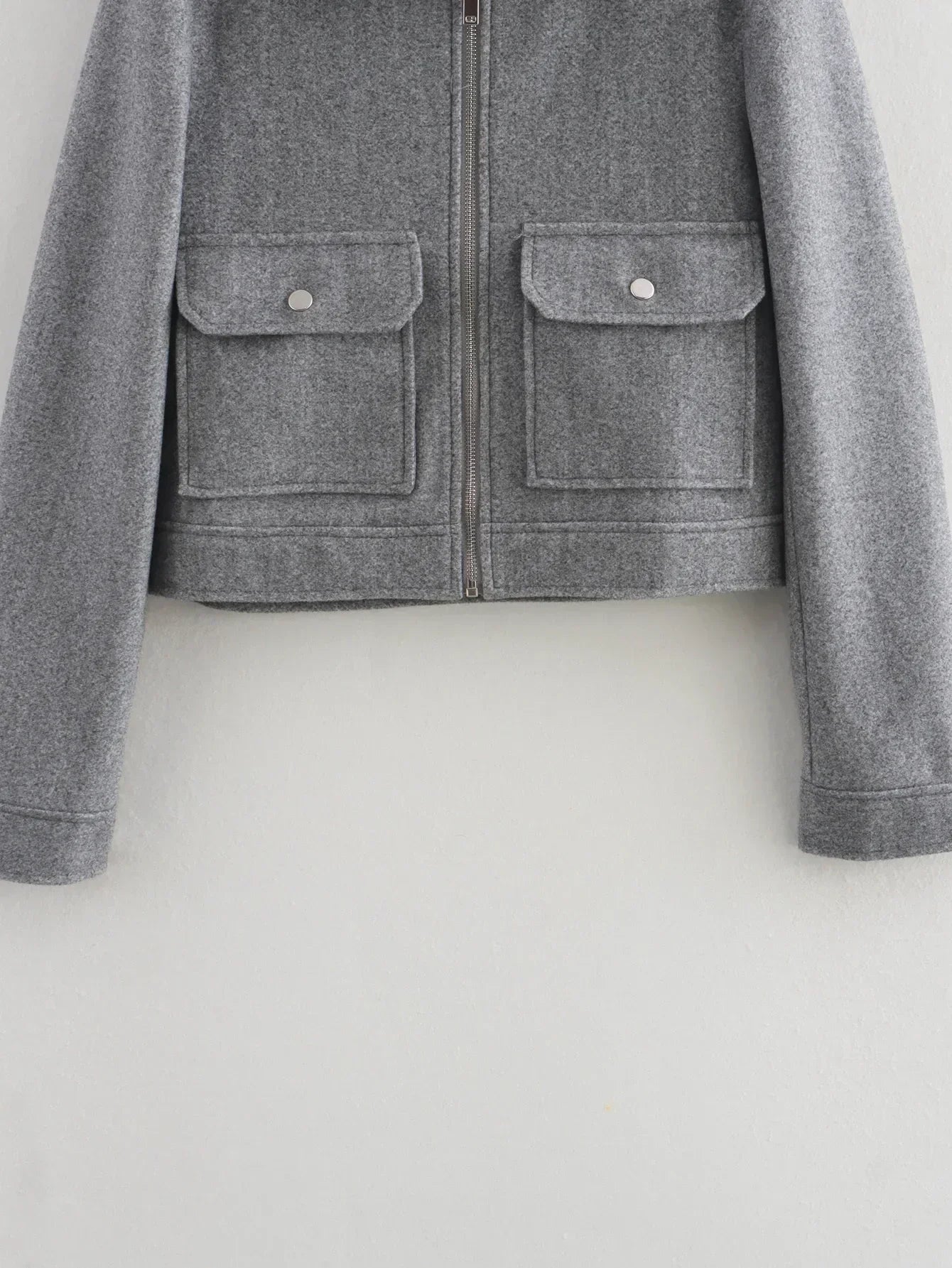 Women's new fashion flap pocket decoration short lapel soft woolen jacket coat retro long sleeved zipper women's coat top