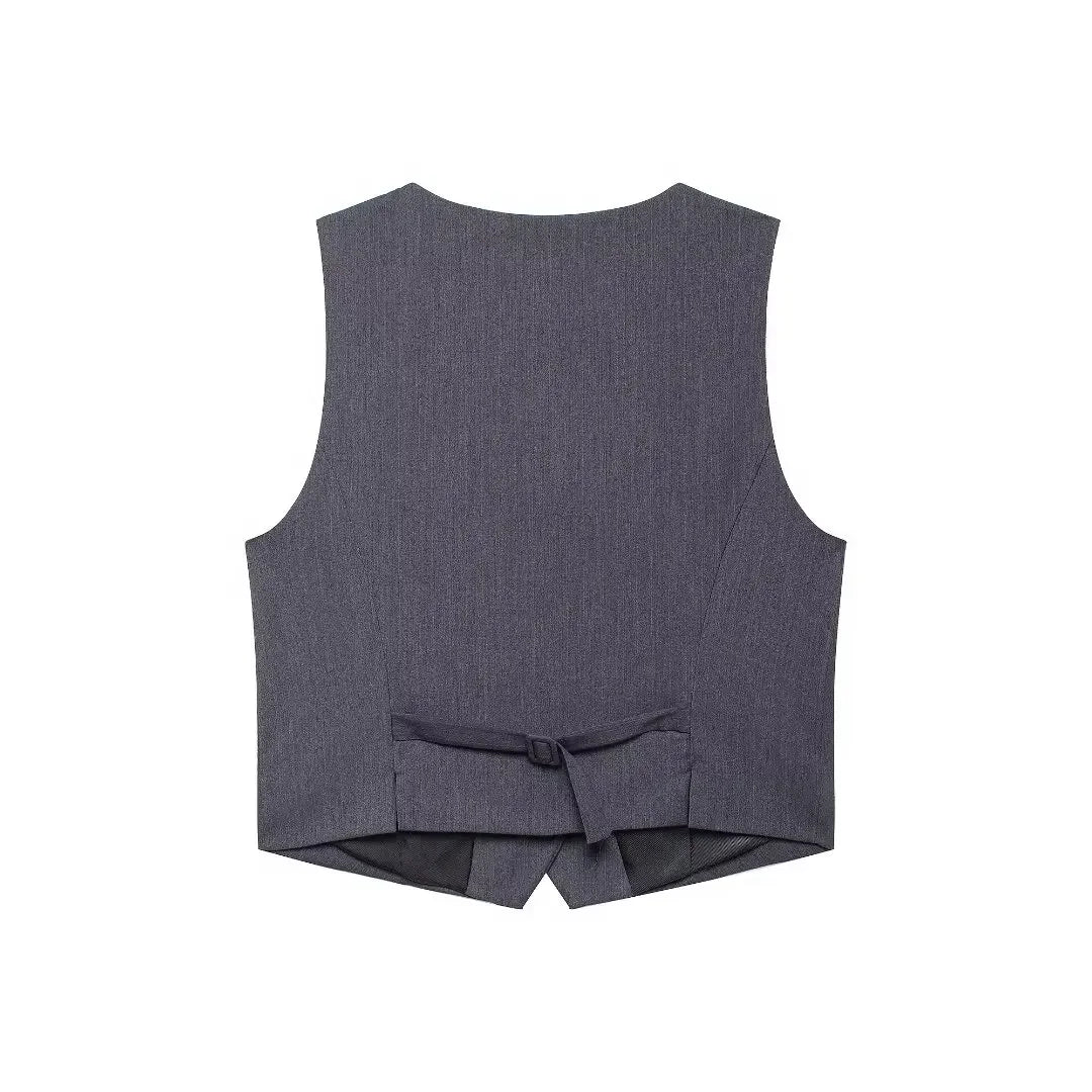 Women's new fashion pocket decoration casual slim short V Neck vest retro sleeveless Button-up women's vest chic top 